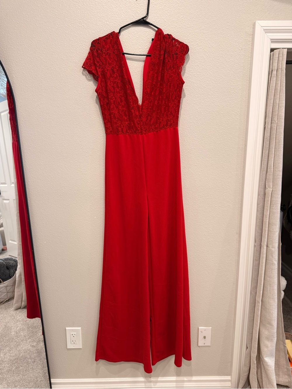 Fashion Nova Red Lace Bodice Wide-Leg Jumpsuit